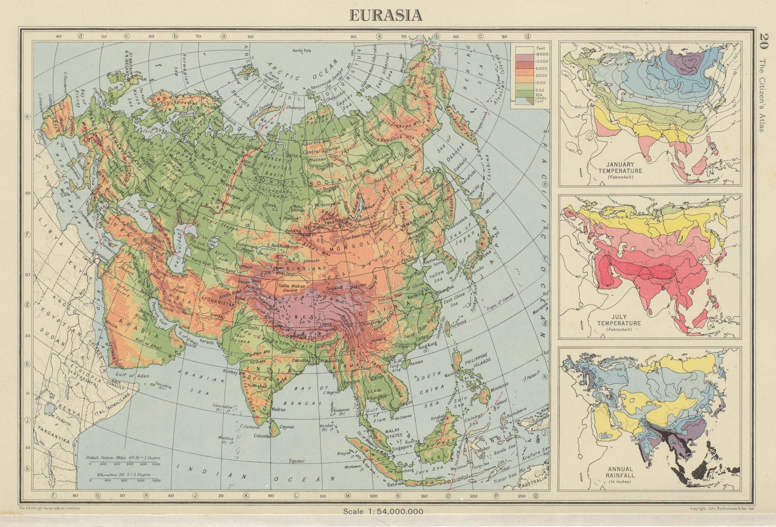 EURASIA. Europe Asia. January July temperature. Rainfall. BARTHOLOMEW 1947 map